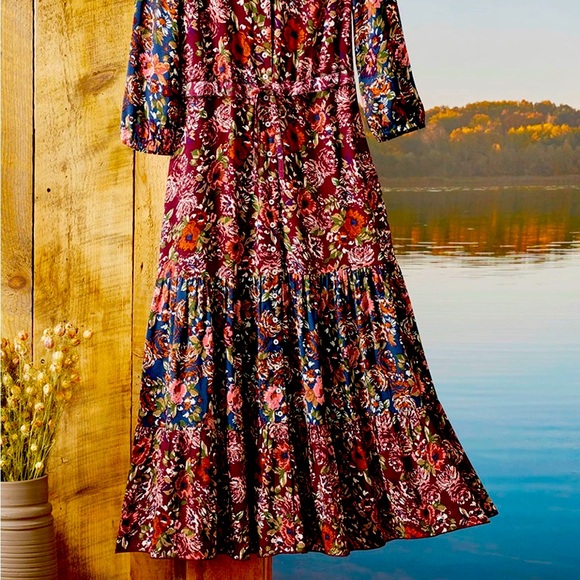 Coldwater Creek Woodland Wonder Maxi Dress Burgundy Floral Sleeve Dress Size 2X - Picture 10 of 14